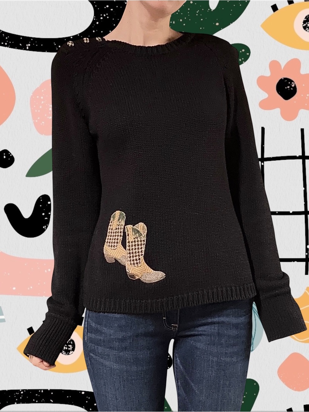 Bit & Bridle | Black Knit Cowboy Boot Embroidered Sweater